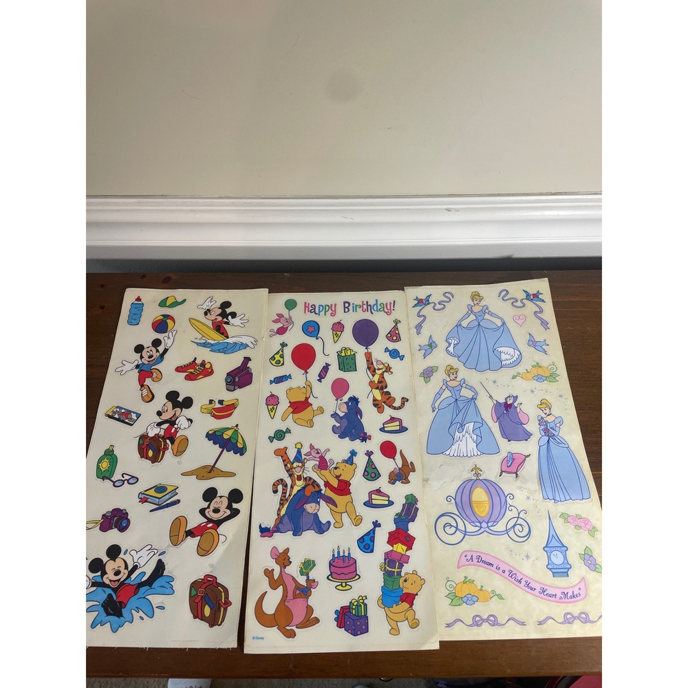 Vintage Disney Sticker Sheets Mickey Mouse Winnie the Pooh Cinderella 3 Pack